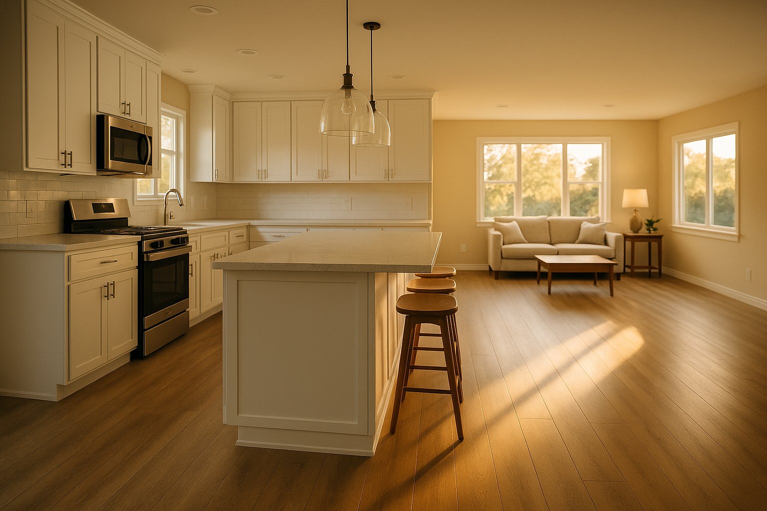 Remodeled open-concept kitchen and living space with white cabinets and new flooring β RenewHome Remodeling