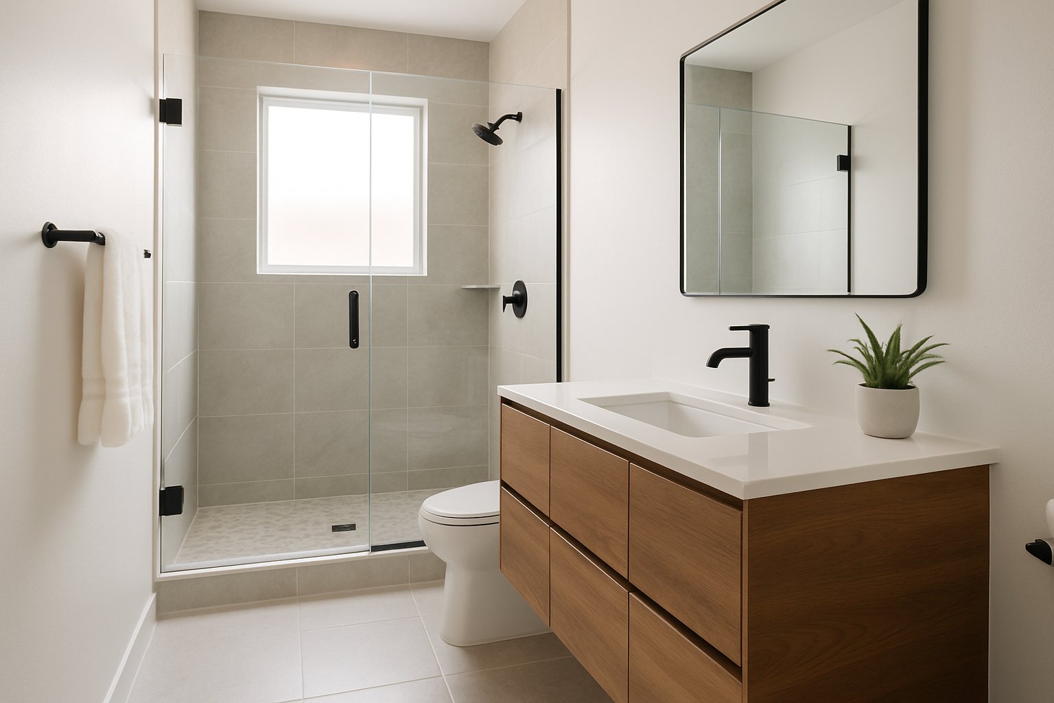 Remodeled bathroom with walk-in tile shower and floating vanity