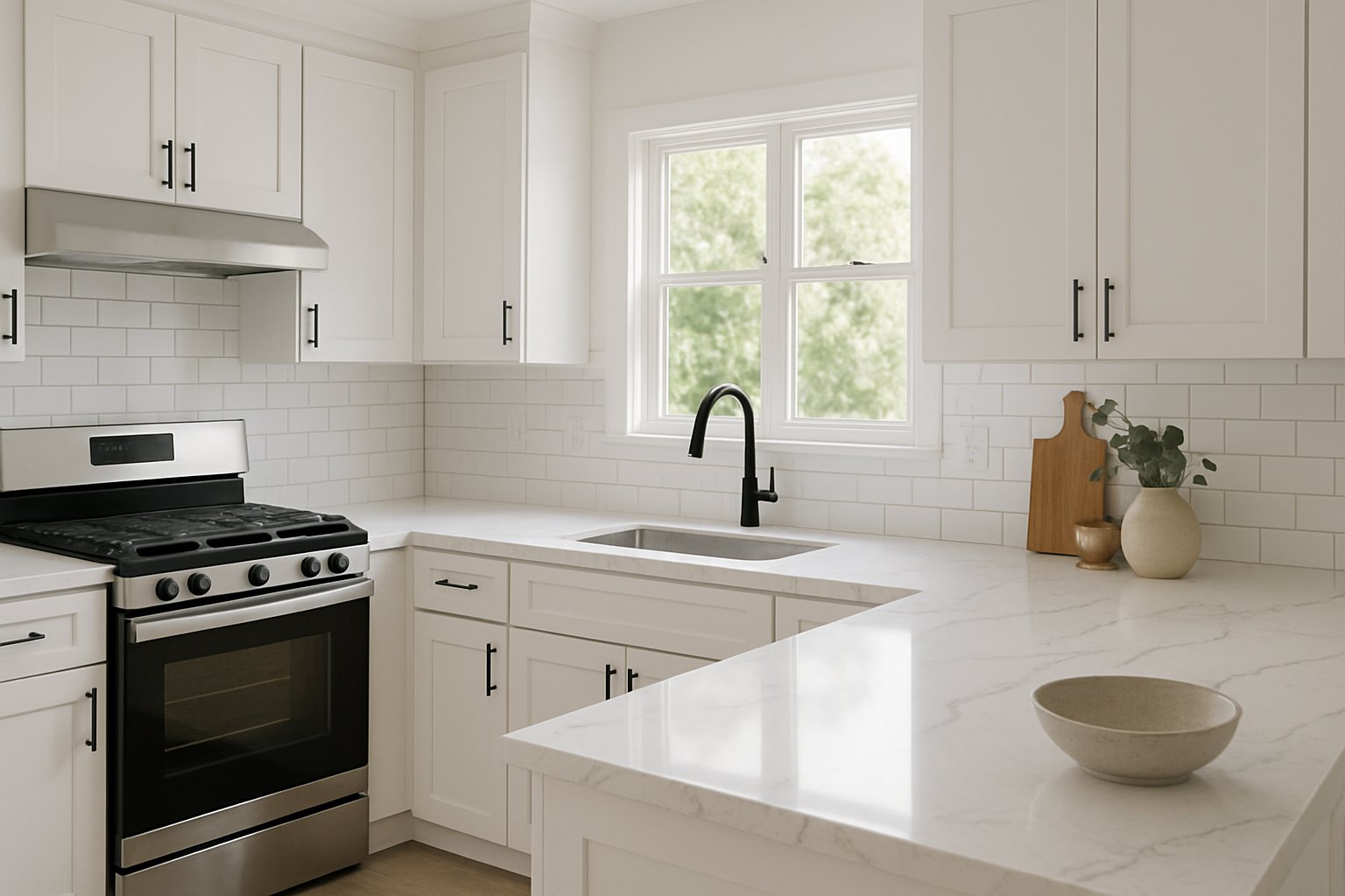 Remodeled kitchen with white shaker cabinets and quartz countertop