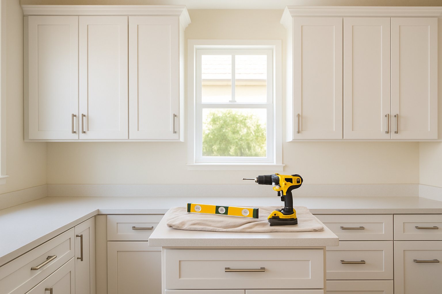 Newly installed white kitchen cabinets with brushed hardware
