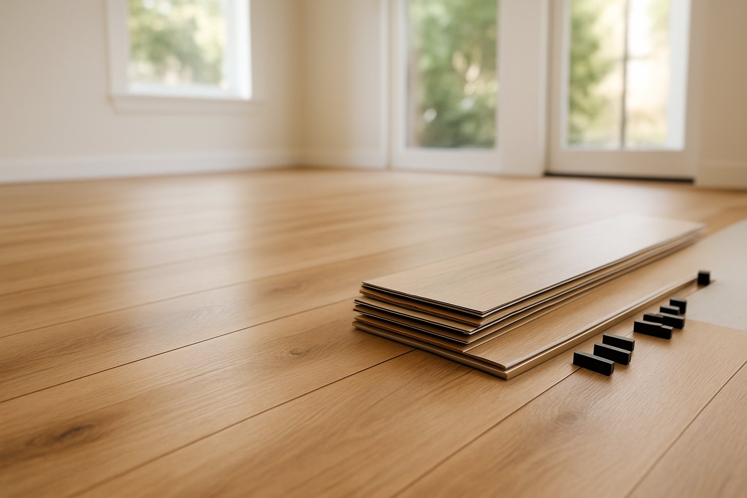Newly installed oak luxury vinyl plank flooring